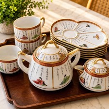 Antique Vintage Japanese KUTANI 100 Poets Porcelain Tea Set Gold Gilt picture