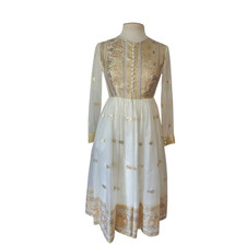 VTG 1970s Boho Dress White Gold Brocade Embroidery Indian Style Chuck Howard picture
