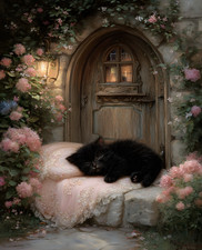 Black Kitten Sleeping on Pink Lace Cushion at Arched Doorway Art/155207333 picture