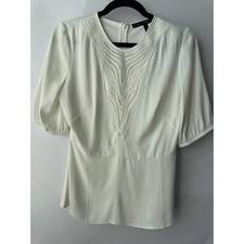 White House Black Market Ivory Peplum Blouse Embroidered Neckline Puff Sleeve 2 picture