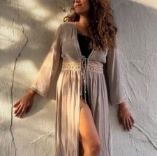 Rebellion Again Kimono Beach Cover Up Beige Tie Front Gauze Flowy Lace Resort S picture