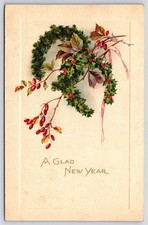 Antique A Glad New Year Holly Wreath Embossed Postcard Printed Germany picture