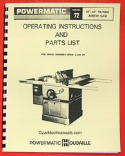 POWERMATIC 72 Arbor Table Saw Owner Operator Parts Manual 0534 picture