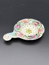 Antique Hand Painted Porcelain Tea Strainer Vibrant Pink Roses Gold Moriage Trim picture