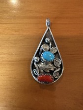 Vintage  Marie Bahe Navajo sterling silver turquoise and coral pendant picture