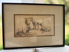 Antique Robert Hills 1800s Sheep Etching Print Framed Alden Galleries picture