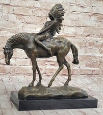 RARE VINTAGE ARMOR BRONZE NATIVE AMERICAN INDIAN WARRIOR RIDING HORSE FIGURINE picture
