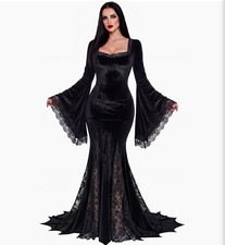 Gothic Mermaid Black Velvet Lace-Up Dress, Sweetheart Neck, Bell Sleeves picture