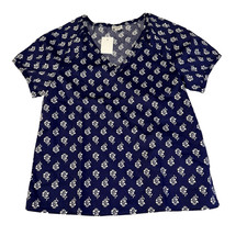 J.Crew Women’s XS Navy Blue White Floral V-Neck Short Sleeve Blouse NWT picture