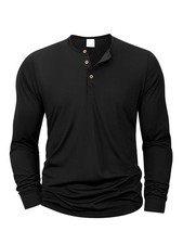 Men's Cotton Henley Shirt Long Sleeve Solid Color Casual Tee New picture