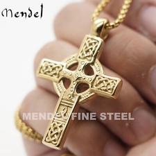 MENDEL 10K Gold Plated Irish Celtic Cross Pendant Necklace For Men Women Chain picture