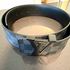 Louis VuMen's Dress Belt Size 32 Black/Gray Geometric Pattern Metal Buckle 1.5in picture