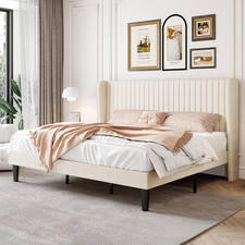 SHA CERLIN King Size Velvet Bed Frame, Tufted Wingback Headboard, Cream picture