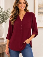 Worthington Women’s Burgundy Roll Tab Sleeve Tunic Blouse Top Size XL picture