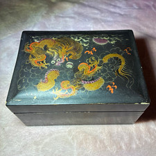 Vintage Japanese Black Lacquer Nesting Boxes Gold Dragon Art Set  picture