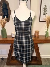 Black White Plaid Slip Dress 90s Grunge Spaghetti Strap Bodycon Midi M picture