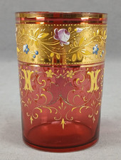 Antique Bohemian Harrach Enameled Floral Scrollwork Gold Cranberry Glass Tumbler picture