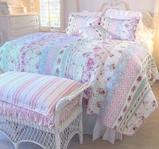 WILD ROSE VINTAGE 3pc King QUILT SET : COTTON COZY COTTAGE PINK GREEN  BLUE picture