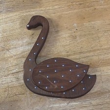 Vtg Hand Painted Wood Swan Wall Pocket Folk Art Rustic Brown Blue Polka Dot 12
