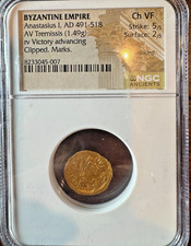 Byzantine Empire Anastasius I, Gold 491-518AD Tremissis  RV Victory NGC CH VF5/2 picture