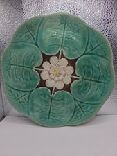 Antique Majolica Plate Pond Lily Flower Plate c. 1900's Brown Center 8.75