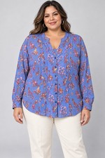 Joan Rivers 1X Periwinkle Floral Pintuck V-Neck Button Front Blouse A723840 New picture