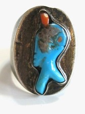 VERY INTERESTING STERLING SILVER NATIVE AMERICAN TURQUOISE CORAL MANS BOYS RING picture