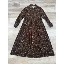 Vintage 90s Fall Leaf Corduroy Maxi Shirt Dress Prairie Boho Autumn Cottagecore picture