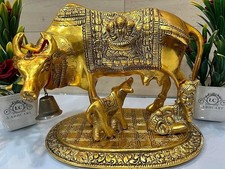 Brass Lord Kamdhenu Cow with Calf Statue, Metal Gau Mata Vastu Idol picture