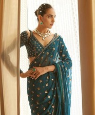 Bollywood Designer Georgette Saree Embroidery Work Blouse Party Wear Silk Sari picture