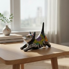 Talavera Stretching Cat Statue | Day of the Dead Floral Design picture