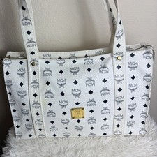 MCM White/Navy Monogram Tote Zip Closure Gold Hardware picture
