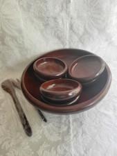Vtg  9 PC Handcrafted Solid wood Mahogany Salad Bowl Serving Set. Made in Haiti picture