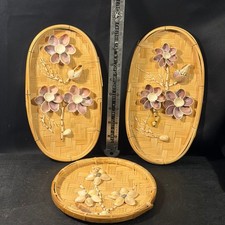 Vintage Bamboo Wicker Seashell Flower Wall Art Set of 3 Coastal Decor 3D Shells picture