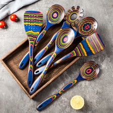 Pakkawood 7-Piece Blue Wooden Cooking Utensils - Wooden Spoons, Kitchen Utensils picture