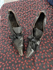 Antique 1910s Marshall Field & Co Black Leather Ribbon Tie Pointed Shoes Heels picture