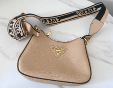 Prada Logo Strap Shoulder Bag Beige Taupe Gold Tone Hardware Pre-Owned picture
