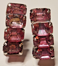 Vintage Pink Amethyst Glass Emerald Cut Rhinestone Earrings Clip On Pat. 1957965 picture