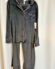 NWT Joyspun 2 Piece Pajama Set, Womens Black Velour With Pink Piping, M (8-10) picture