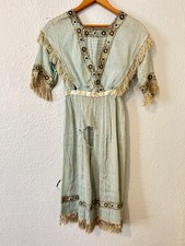 READ AS IS Antique Edwardian Blue Dress Fringe Trim Embroidered Study Fragile picture