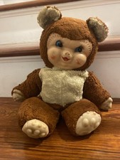 Vintage Chubby Tubby 13” Plush Stuffed Bear Rubber Face  Rushton ? With Bell picture