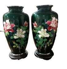 Japanese PAIR (2) Ginbari Green Cloisonne Enamel Floral Rose Vase 7-1/4