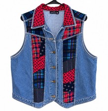 Vintage Women’s Plus 18 Plus Patchwork Collared Button Front Vest Blue picture