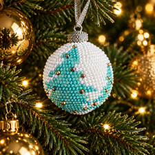 Handmade One-of-a-Kind Beaded Christmas Ornament Turquoise White Exclusive picture