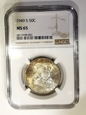 1949-S NGC MS 65 Key Date Franklin Half Dollar Toned Looks FBL  Scarce picture