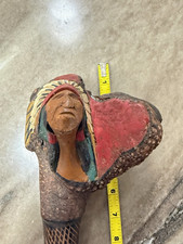 Vintage Carved Wood Walking Cane Native American Head Handle Brown Red picture