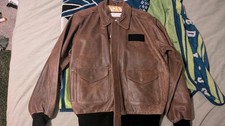 Flexjet Military Leather Bomber Jacket Large Long Vintage W/Atlas Lining picture