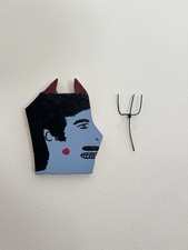 VTG Hand Carved Wooden Devil and Wire Pitchfork Folk Art Outsider Wall Hanging picture