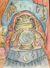 Origional Watercolor  ACEO toad with crystal ball signed by artist Edith Schmidt picture