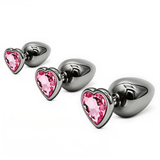 3 Piece Metal Butt Plug Set Heart Shaped Jewel Anal Trainer Kit Rose Red picture